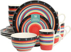 Gibson Home Festival Rings 16-Piece Stoneware Dinnerware Set – Colorful Hand-Painted Plates, Bowls & Mugs, Service for 4, Dishwasher & Microwave Safe Vibrant Tableware