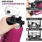 MUKOKO Half Gallon/64 oz Glass Water Bottles with Straw and Lid,Motivational Water Jug with Time Marker Reminder and Silicone Sleeve,100% Leakproof BPA Free Fitness Sports Large Bottle-Rose