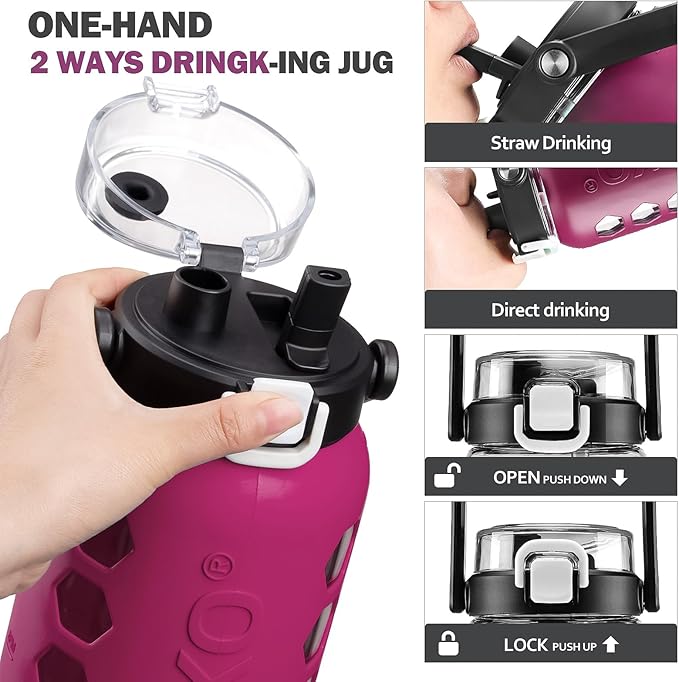 MUKOKO Half Gallon/64 oz Glass Water Bottles with Straw and Lid,Motivational Water Jug with Time Marker Reminder and Silicone Sleeve,100% Leakproof BPA Free Fitness Sports Large Bottle-Rose