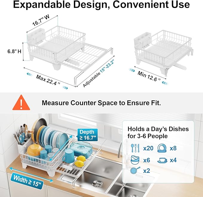 GSlife Extendable Dish Drying Rack - Large 2-in-1 Dish Racks for Kitchen Counter and Over Sink, Anti-Rust Dish Drainer with Drainboard, 2 Pan Slots and Utensil Holder, White
