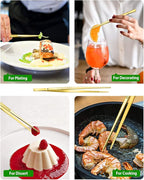 4 Pcs Fine Long Tweezer Tongs Professional Gold, 12'' and 10'' Stainless Steel for Kitchen, Food, Cooking, Repairing, Sea food and BBQ
