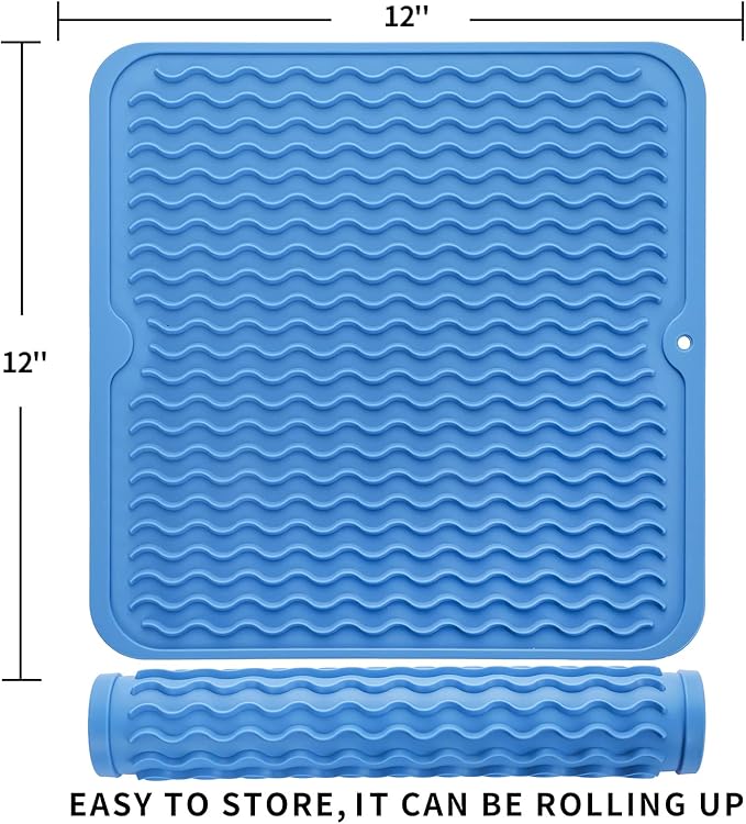 Silicone Dish Drying Mat for Multiple Usage,Easy clean,Eco-friendly,Heat-resistant Silicone Mat for Kitchen Counter or Sink,Refrigerator or Drawer liner Lichen BlueL M 12 inches x 12 inches