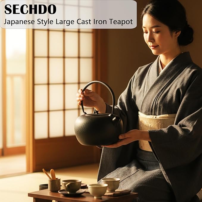 67.6oz Cast Iron Teapot for Stovetop Safe, Black Japanese Tetsubin, 2000ml Tea Kettle with Stainless Steel Infuser for Loose Leaf, Tea Pot Coated with Enameled Interior