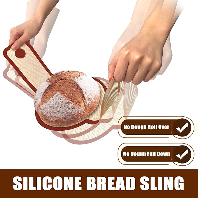 Silicone Bread Sling for Dutch Oven, Non-Stick & Easy to Clean Bread Baking Mat Set, 2 Pcs Reusable Bread Sling with Long Handle to Transfer Sourdough (Red, 2PCS Round)