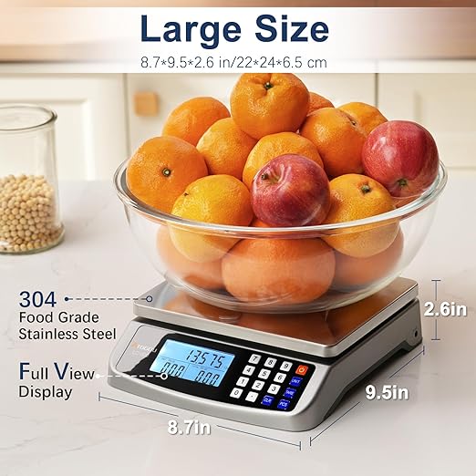 66lb Food Scale, Commercial Kitchen Scale with Price Computing, Plug-in Usable, 0.05oz/1g, 304 Stainless Steel, for Cooking, Vegetables, Farm, Industry, Counting. LC300 Grey