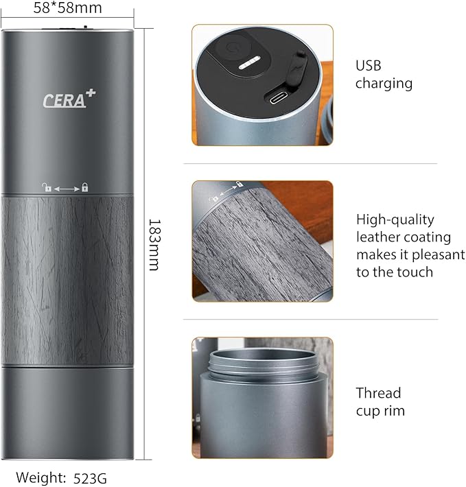 CERA+ Portable Burr Coffee Grinder Electric Espresso Grinderring Machine Suitable for Travel,Camping with Bag