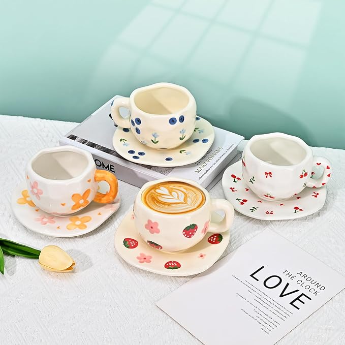 Koythin Ceramic Coffee Mug with Saucer Set, Cute Creative Blueberry Flower Cup Unique Irregular Design for Office and Home, 10 oz/300 ml for Latte Tea Milk