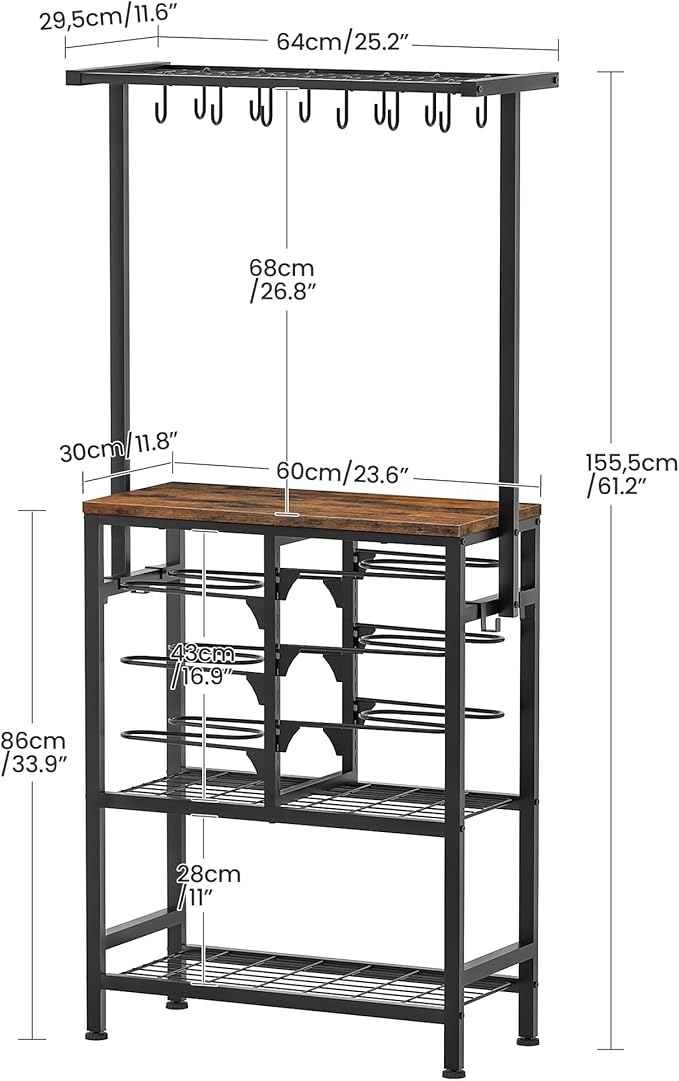 Pots and Pans Organizer Rack, Kitchen Bakers Rack, Multi-Tier Storage Shelf, Kitchen Island Table, Cooking Rack with Pots and Pans Storage, Rustic Brown and Black TPR60BF