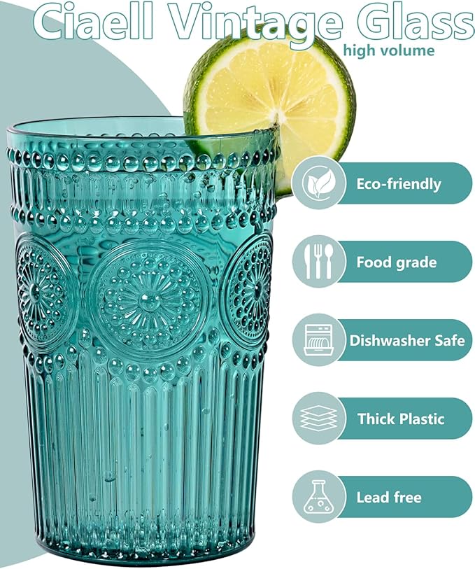 Ciaell 12 Pack Romantic Plastic Water Glasses - 14 Oz Green Vintage Drinking Glasses, Embossed Ribbed Plastic Cups, Textured Striped Set for Juice, Beverages, Beer, Cocktail, Christmas