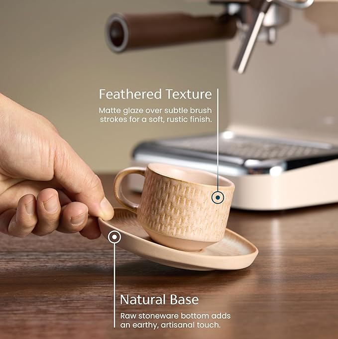 KooK Espresso Mug and Saucer Set, Ceramic Cups and Plates with Rustic Organic Shape and Feathered Texture, Dishwasher and Microwave Safe, 2.7 oz, Set of 4, Neutral Multicolor