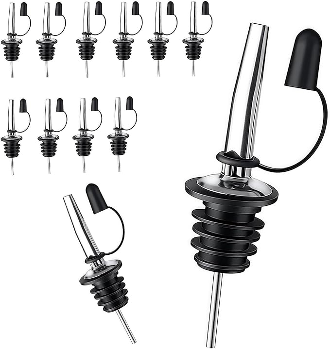 12 Pack Leak-Proof Dust Cap Wine Pourers,Stainless Steel Bottle Pourers for Alcohol, Olive Oil & Syrups- Fast, Controlled Pouring,Bar & Home Kitchen Accessories