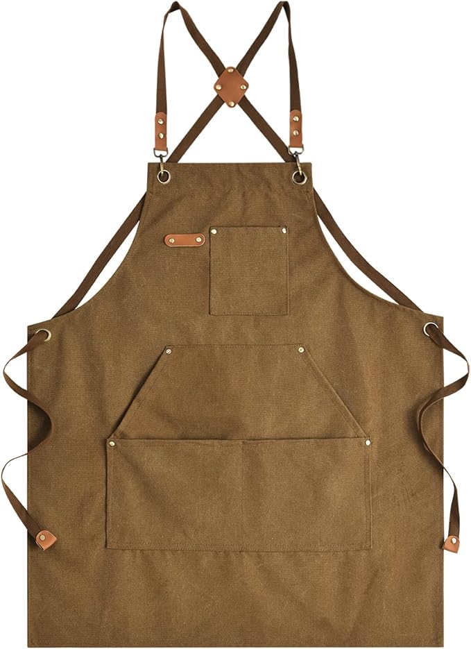 Canvas Aprons for Men Chef Apron, Work Apron with Large Pockets - 16oz Heavy Duty Cross Back, BBQ, Cooking
