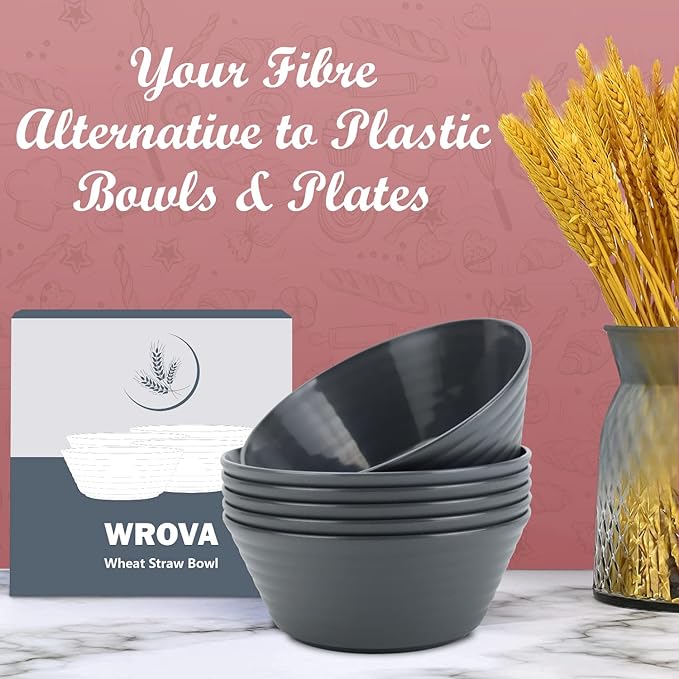 Wheat Straw Bowl Sets,6PCS Unbreakable Cereal Bowl 36 OZ,Microwave and Dishwasher Safe Bowls,Salad Bowls for Dorm,Apartment,Camping,Picnic (Deep Grey)