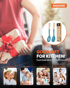 Silicone Cooking Spoons, Great for Scooping Sides and Serving Hearty Stews, BPA-Free Matte Silicone, Wooden Handle Serving Spoon for Nonstick Cooking Surfaces (Blue)