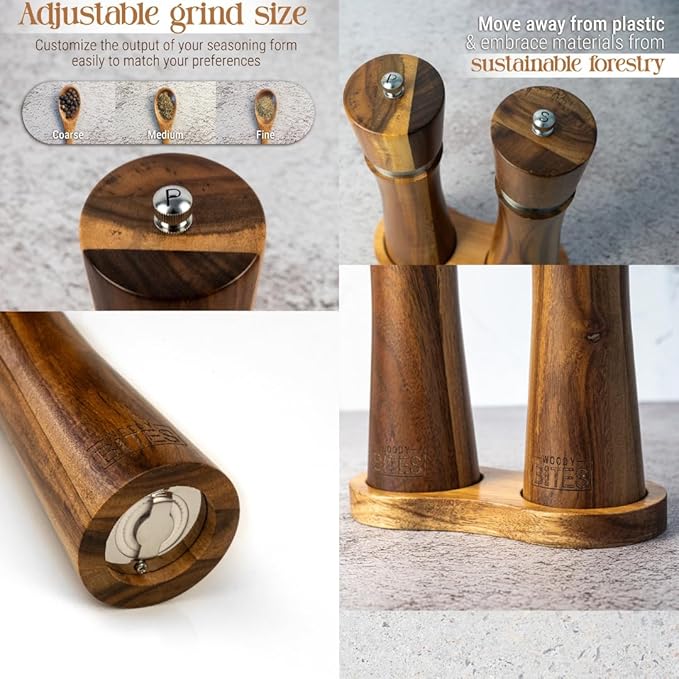 Acacia Wood Salt & Pepper Grinder Set – 8" Manual Adjustable Mills – Wooden Pepper Mill Gift Set with Funnel, Spoon & Brush – Eco-Friendly Kitchen Spice Grinder