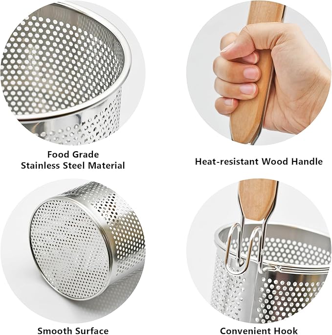 Stainless Steel Pasta Strainer, 2pcs Micro-Perforated Food Dumpling Noodle Strainer with Wood Handle Straining Noodles Pasta Baskets