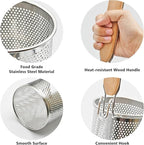 Stainless Steel Pasta Strainer, 2pcs Micro-Perforated Food Dumpling Noodle Strainer with Wood Handle Straining Noodles Pasta Baskets