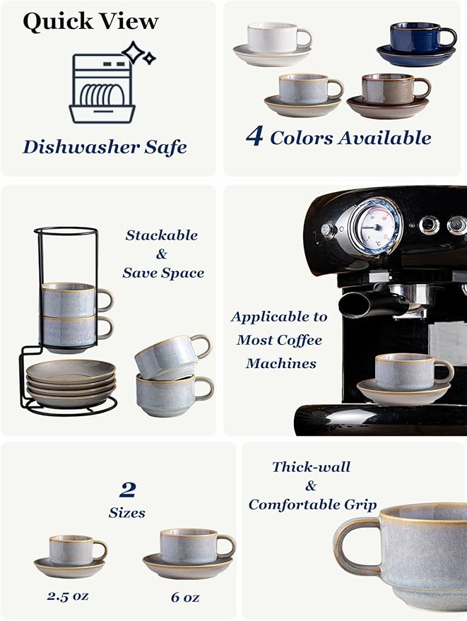 Gomakren 6 Ounce Cappuccino Cups with Saucers and Metal Stand, Stackable Coffee Cup Set of 4, Halloween Porcelain Espresso Cups for Coffee Drinks, Cappuccino, Latte, Americano, Tea, Gray