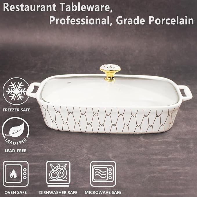 10" x 7" Ceramic Casserole Dish with Glass Lid, 1.3 QT Serving Soup Tureen,Chafing Dish for Buffet, Family Food preserve Tray, Catering Casserole for Party Style