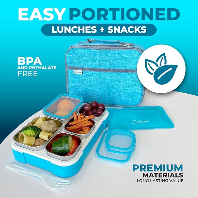 Stainless Steel Kids Bento Lunch-Box with Lunch Bag Ice Pack for Toddler Kids Adult, Leak-Proof School Lunch Container Boxes, Snack Food Containers for Daycare, 5 Compartment Snackle-Box 34 oz Blue