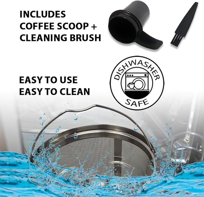 GOLDTONE Stainless Steel Coffee Filter - 8-12 Cup Basket Reusable Metal Filter for Mr. Coffee and Black and Decker Machines - Includes Scoop and Brush