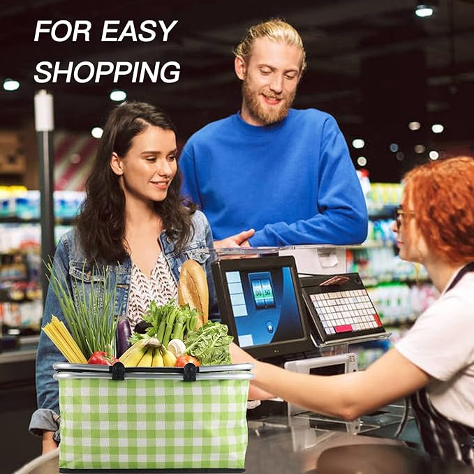 Insulated Picnic Basket,Collapsible Cooler Bag,32L Grocery Basket with Lid,2 Sturdy Handles,Storage Basket for Picnic,Food Delivery,Take Outs,Market Shopping,Travel (Green Grid)