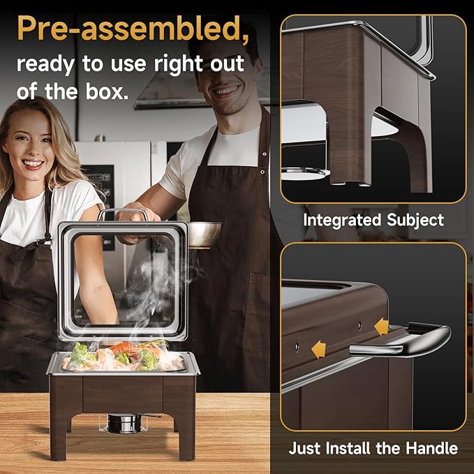 Chafing Dishes for Buffet, 6QT Square Stainless Steel Chafing Dish with Transparent Hydraulic Lid, 304 Food Pan, Buffet Warmer for Parties and Events (Wood Color)