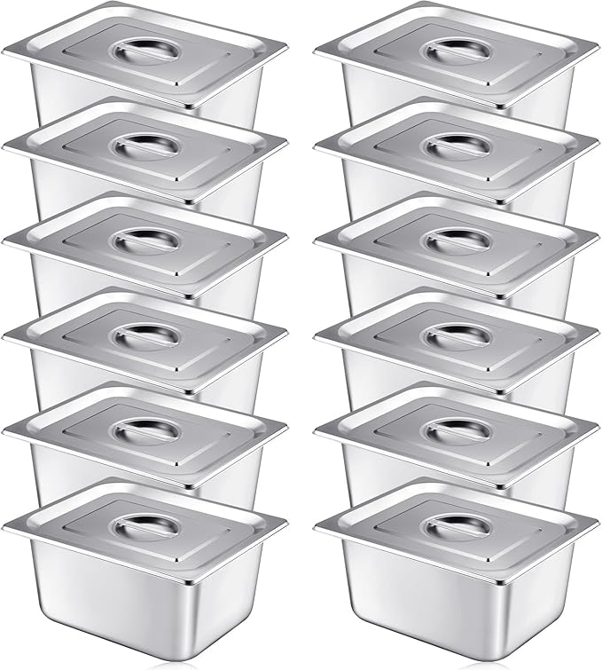 Mifoci 12 Pack Stainless Steam Hotel Pan with Lid, 1/2 Size X 6 Inch Deep Steam Table Pan Restaurant Supplies Reusable Anti Rust Steam Pan Water Pan for Home, Party, Restaurant, Hotel, Buffet