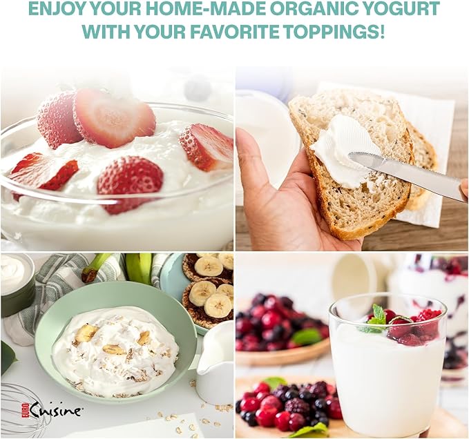 Euro Cuisine YM260 Yogurt Maker with Adjustable Time & Temperature Control, 2-Quart Glass Jar, Free Thermometer & Cotton Strainer Bag, 2025 Edition, White, Make Yummy Organic Probiotic Yogurt at Home