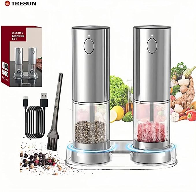 Electric salt and pepper grinder set with LED light. With USB port. Stainless steel automatic refillable 5 adjustable coarseness grinder