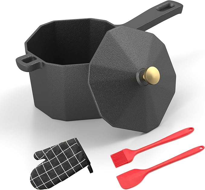 Cast Iron Sauce Pan with Lid, Small Cast Iron Basting Pot with Silicone Basting Brush, Spatula & Heat-Resistant Gloves, Mini Butter Melting Pot for BBQ Sauce, Braising, Stir-Fry & Casserole