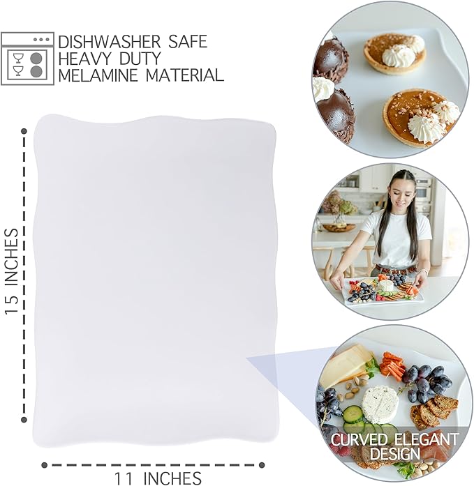 Melamine Large Plastic Serving Platters and Trays, 15" x 11" Rectangular Serving Trays for Food, Dishes, Party - 2 Pcs