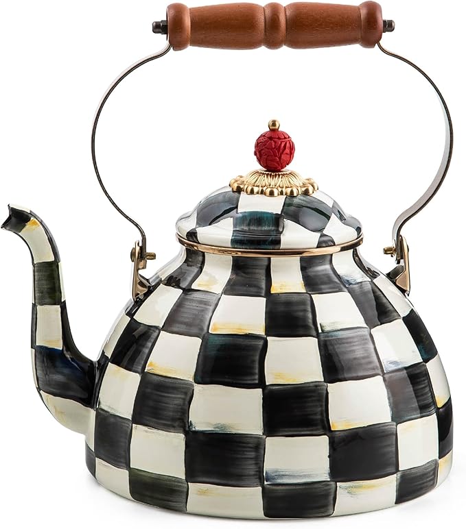 MACKENZIE-CHILDS Enamel Tea Kettle, Stylish Tea Kettle for Stovetop, Black-and-White Courtly Check, 3 Quarts