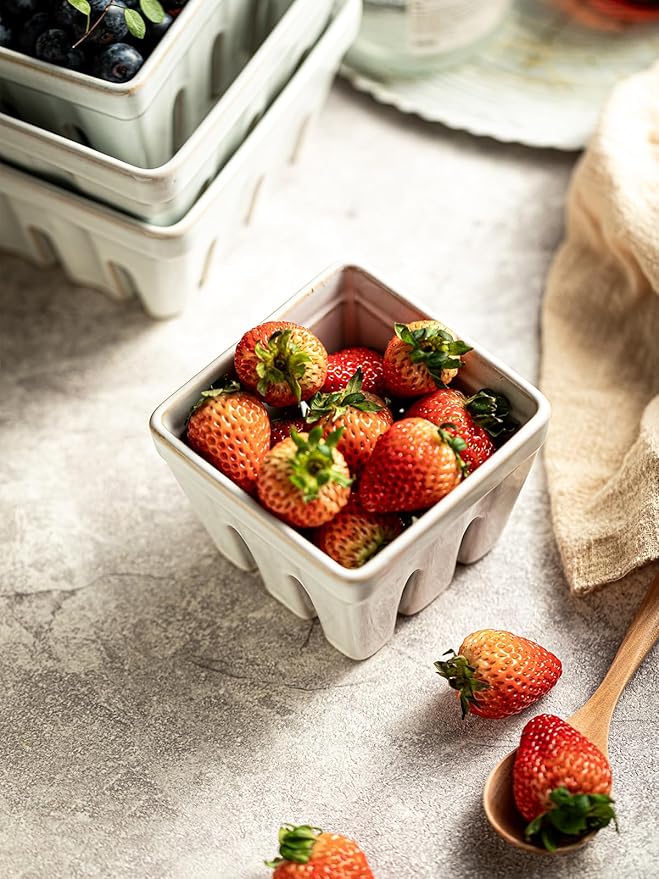 Gomakren Ceramic Berry Basket Set of 2, Square Fruit Bowl with Holes, Small Fruit Basket Containers for Kitchen Counter, Berries, Strawberry, Grape, Cherry, White