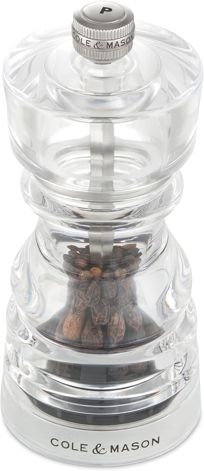 Cole & Mason London Refillable Spice Mill - Kitchen & Home Accessory - Table Black Pepper Grinder - Pepper Mill with Carbon Steel Mechanism - 5", Acrylic