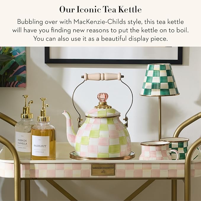 MACKENZIE-CHILDS Enamel Tea Kettle, Cute Tea Kettle for Stovetop, 2 Quarts, Pastel Pink-and-Green Palm Beach Check