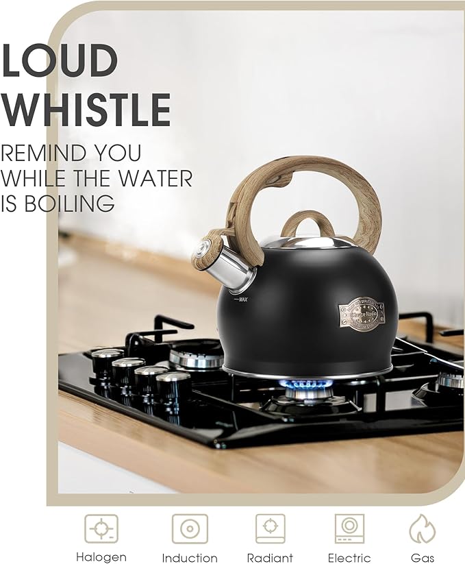 Tea Kettle Stovetop, Black Tea Kettles-2.1 Quart Loud Whistle Stovetop Teapot,Food Grade Stainless Steel with Wood Pattern Handle, Unique Button Control Kettle Outlet for Tea, Coffee