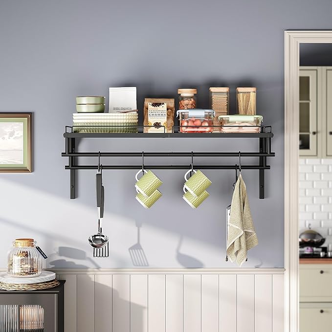 Hanging Pot Rack, Wall-Mounted Pot Rack, Kitchen Cookware Organizer, Metal Pot Rack Holder, for Cookware, Utensils Organization, Black TPR38BB