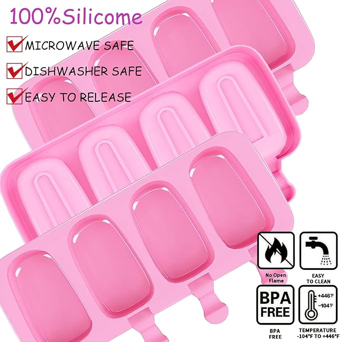 3pcs Large Silicone Popsicle Molds Set,BZIDII 4 Cavities Cake Pop Molds,Oval Ice Cream Bar Mold Ice Pop Cakesicle Molds Silicone with 100 Wooden Sticks & 100 Bags &100 Twist Ties(Pink)