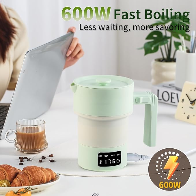 Collapsible Electric Kettle-600ML Foldable Travel Water Boiler, 600W Portable Hot Water Kettle with 4-Temp Presets, Food Grade Silicone for Hotel, Office, Camping (Green, 600mL)