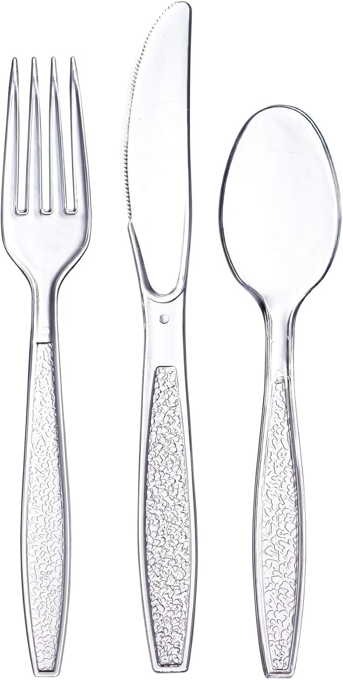 GUSTO [360 Combo Box] Clear Plastic Silverware, Heavy Weight Disposable Utensils - 180 Forks, 120 Spoons, 60 Knives, Perfect for Wedding, Parties and Events - (Formerly Comfy Package)