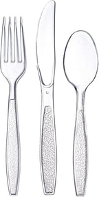 GUSTO [360 Combo Box] Clear Plastic Silverware, Heavy Weight Disposable Utensils - 180 Forks, 120 Spoons, 60 Knives, Perfect for Wedding, Parties and Events - (Formerly Comfy Package)