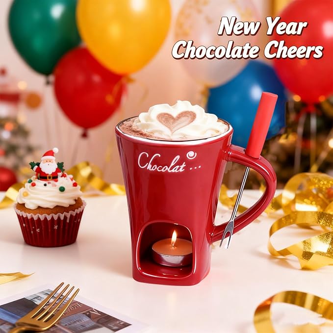 Chocolate Fondue Mug, Fondue Cups Tealight, Chocolate Melting Mug With Candle, Mini Ceramic Chocolates Melting Cup With Forks, Date Night Birthday Wedding Gifts (Red)