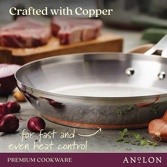 Anolon Nouvelle Stainless Stainless Steel Frying Pan / Fry Pan / Stainless Steel Skillet with Lid - 12 Inch, Silver