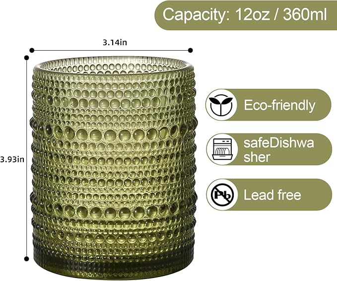 Vintage Glassware Drinking Glasses Set of 6,12 oz Hobnail Glass Cups,Embossed Green Water Tumbler,for Beer,Cocktail,Whiskey,Juice and Various Mixed Drinks- 1 Cleaning Brush