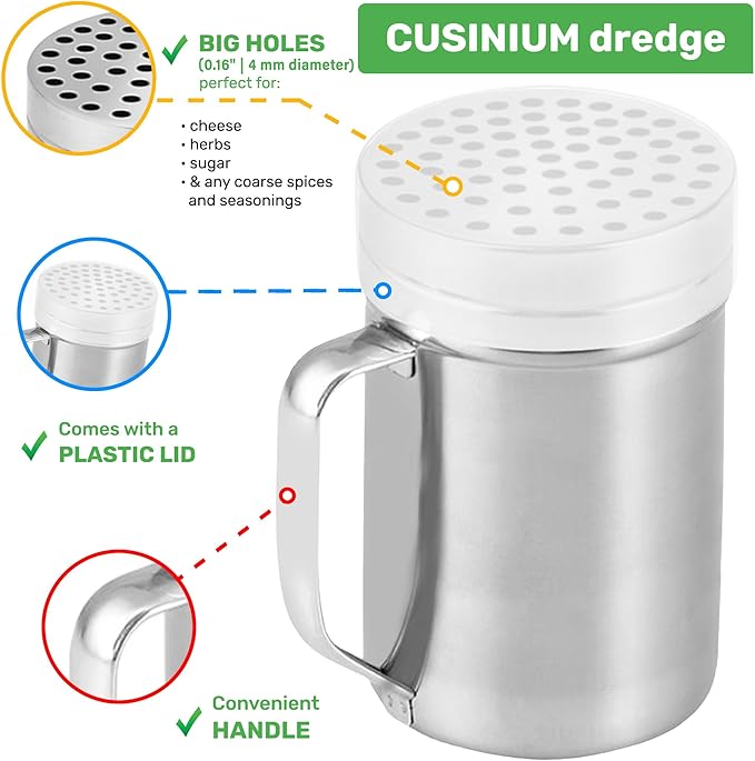 CUSINIUM 14oz Metal Parmesan Cheese Shaker with Large Holes - With Handle - Chili Flakes Dispensers - Pizza Shaker | Style: Coarse
