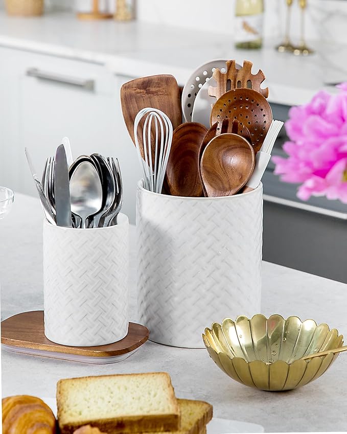 Utensil Holder - 7.2"+5.4" Ceramic Utensil Holder for Kitchen Counter, Large Utensil Crock Flatware Organizer Spatula Holder for Counter, Farmhouse Embossed Vase for Housewarming, Home & Kitchen Decor