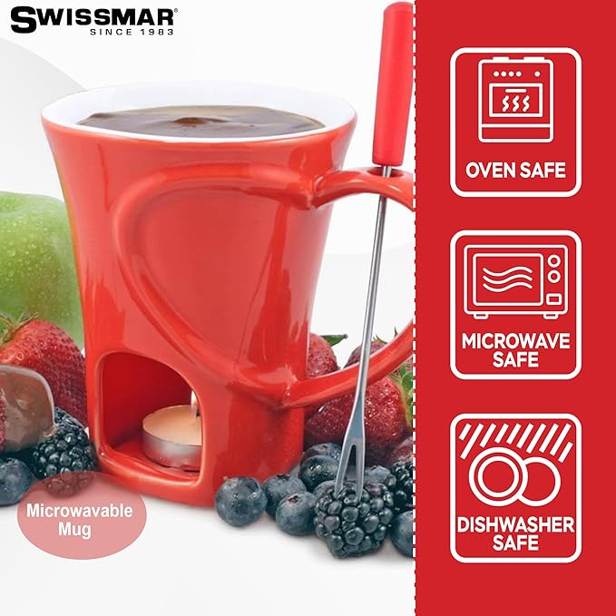 Swissmar 4-Piece Sweetheart Chocolate Fondue Mug Set – Mini Fondue Set for Keeping Chocolate, Caramel, Cheese, & More Warm – Ideal Gift for Weddings & Desserts