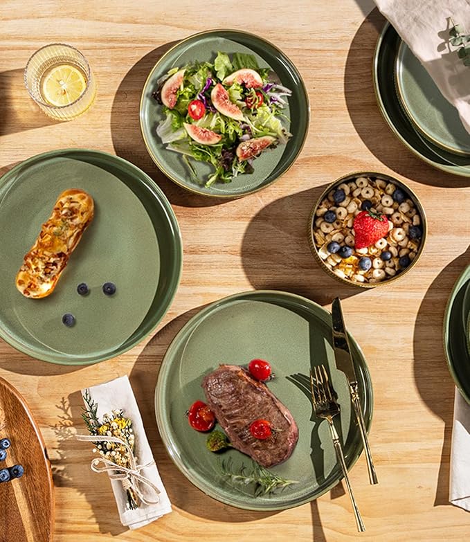 TheTerra Ceramic Dinnerware Sets for 4, 12 Pieces Porcelain Lightweight Plates and Bowls Sets, Scratch Resistant Dish Set, Oven & Microwave & Dishwasher Safe, Brown Green