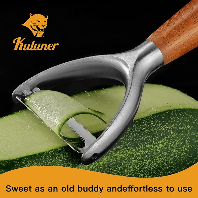 Serrated Blade Premium Y Type 304 Stainless Steel Multifunctional Kitchen Peeler Real Wood Handle Ultra Sharp Blade Vegetable Potato Apple(Boluoge)